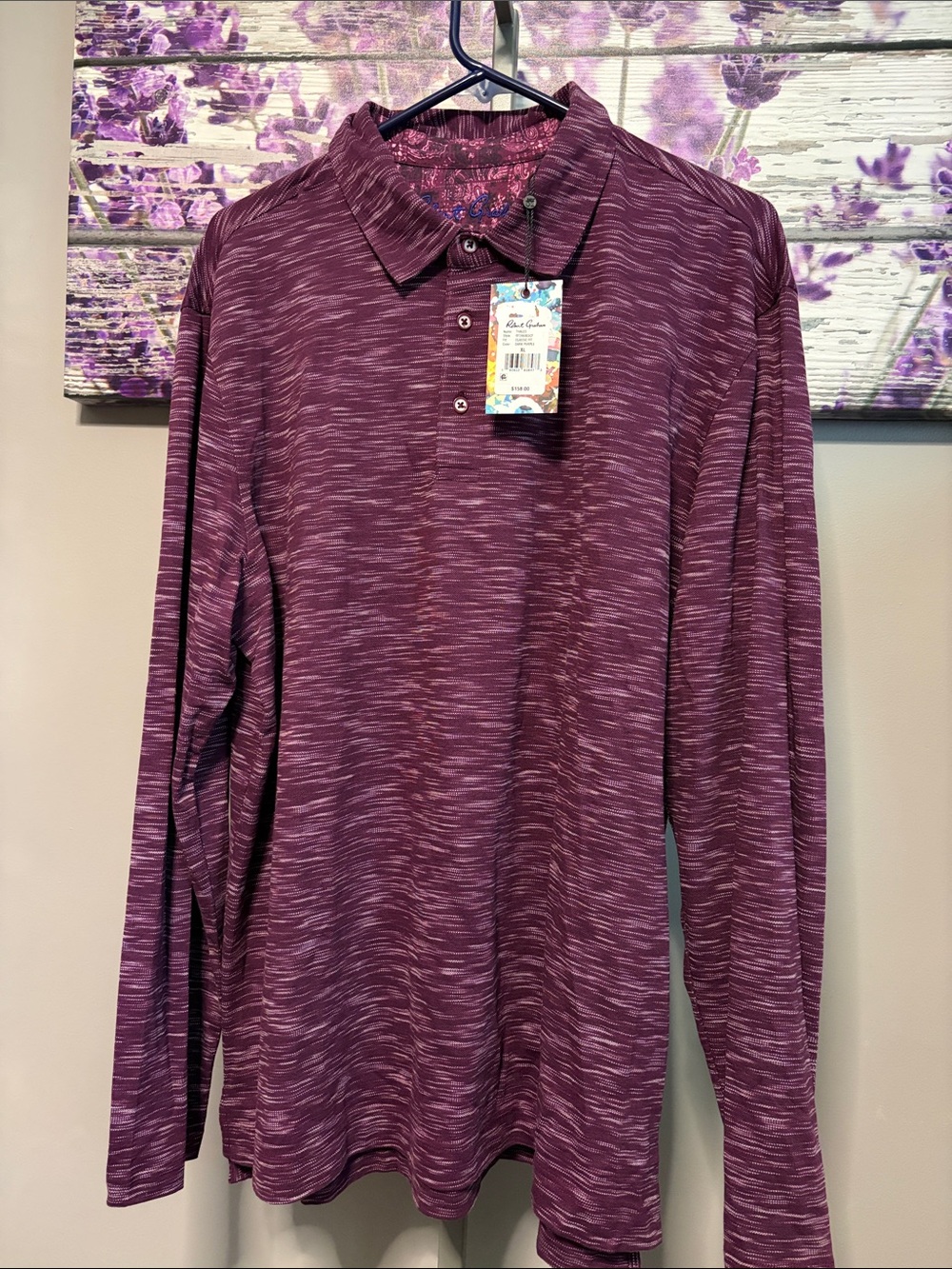 Robert Graham Men's Thales Long Sleeve Heathered Plum Polo NWT Size XL